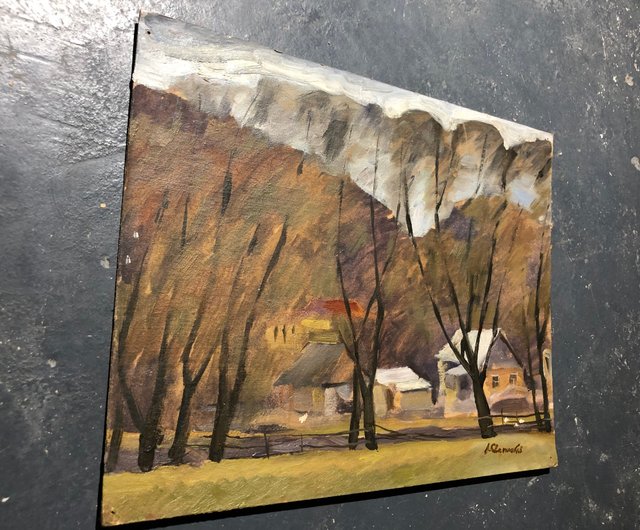 油絵 カルパティア山脈 カルパティア山脈の村 段ボールに油絵 ヴィンテージ山の風景