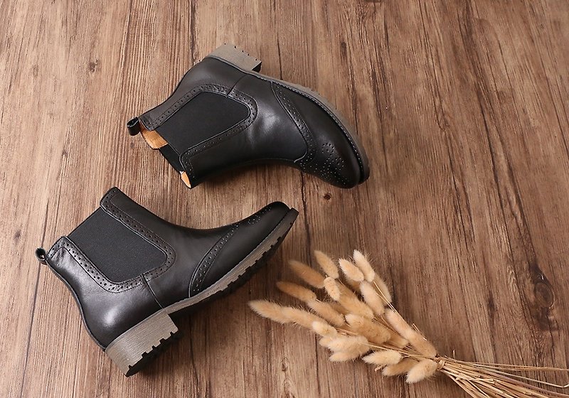 American vegetable tanned cowhide leather Oxford Chelsea boots black - รองเท้าบูทสั้นผู้หญิง - หนังแท้ 
