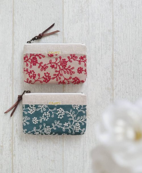 KKiMS 【FWL/四層小錢包】日本刺繡 小葉果實 暗紅 藍綠 法國金蔥布