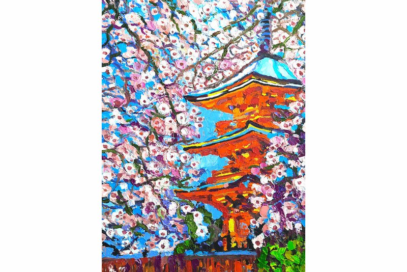 Cherry Tree Painting, Original Art,Impasto Oil Painting ,Floral Art - โปสเตอร์ - วัสดุอื่นๆ สีส้ม