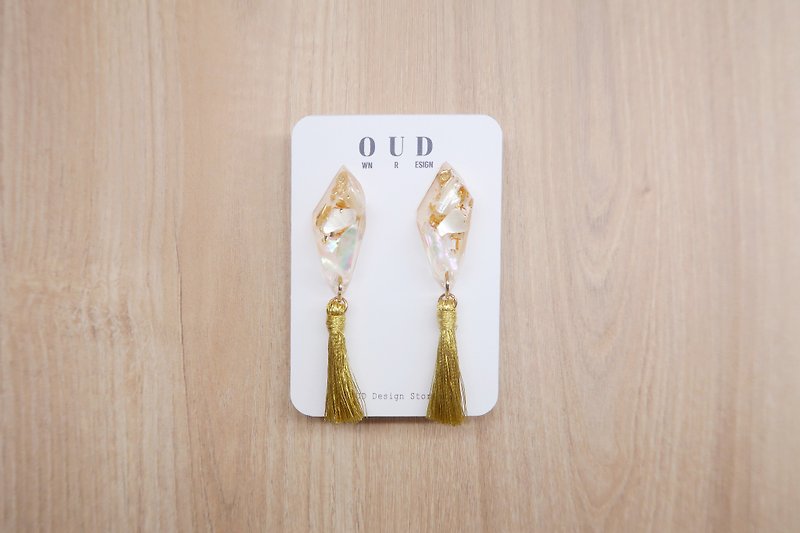 OUD Original-Natural Gem-14K gf-Natural MOP Gold Tassel Dangle Earring/Clip-on - Earrings & Clip-ons - Shell White