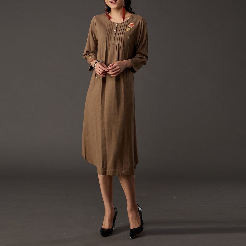 古典美 亞麻手繪洋裝【18114】 - 連身裙 - 棉．麻 