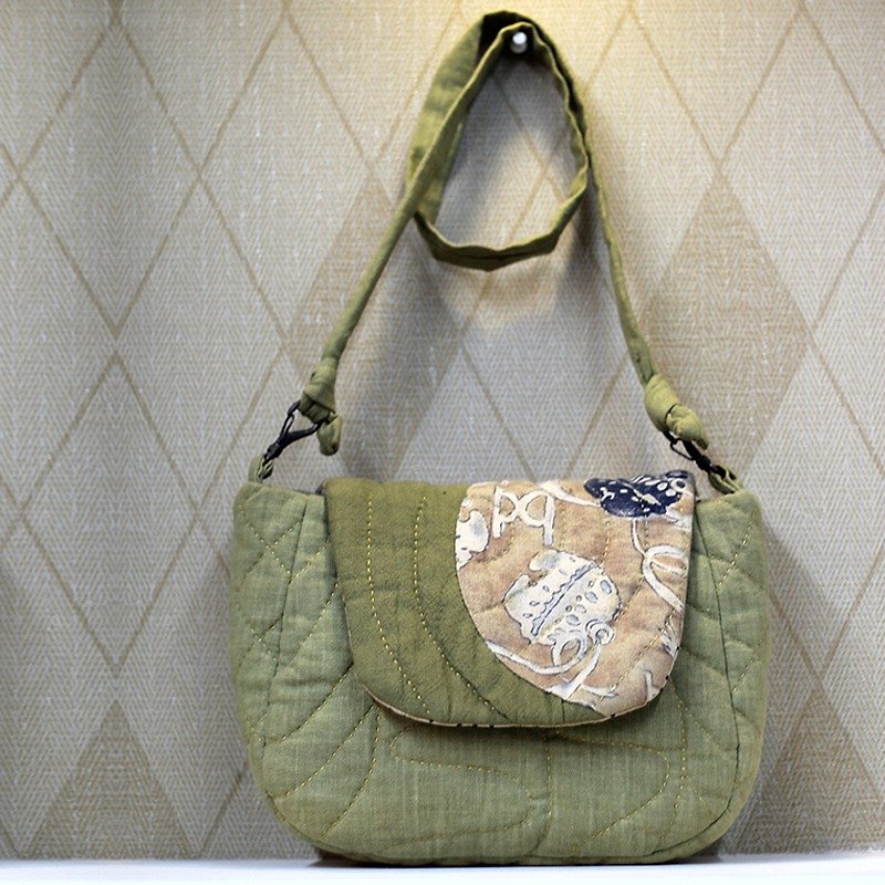 青白橡綠色壓線布包 ❖ 獨家手工縫製包 ❖ - 側背包/斜背包 - 棉．麻 綠色