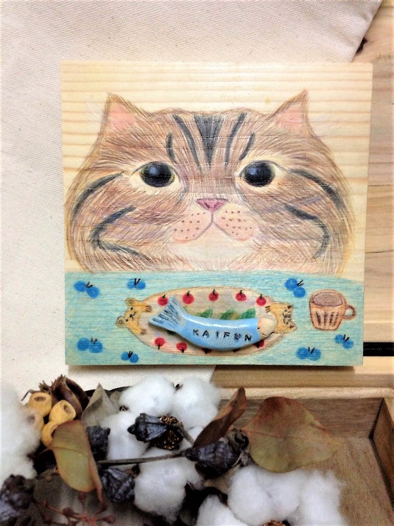 學習貓咪好好吃飯 Chubby Cat 瓷板畫創作 - 掛牆畫/海報 - 顏料 多色