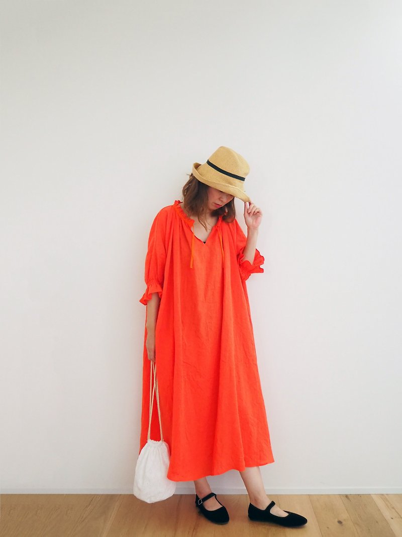French linen canvas one-piece - ワンピース - コットン・麻 オレンジ