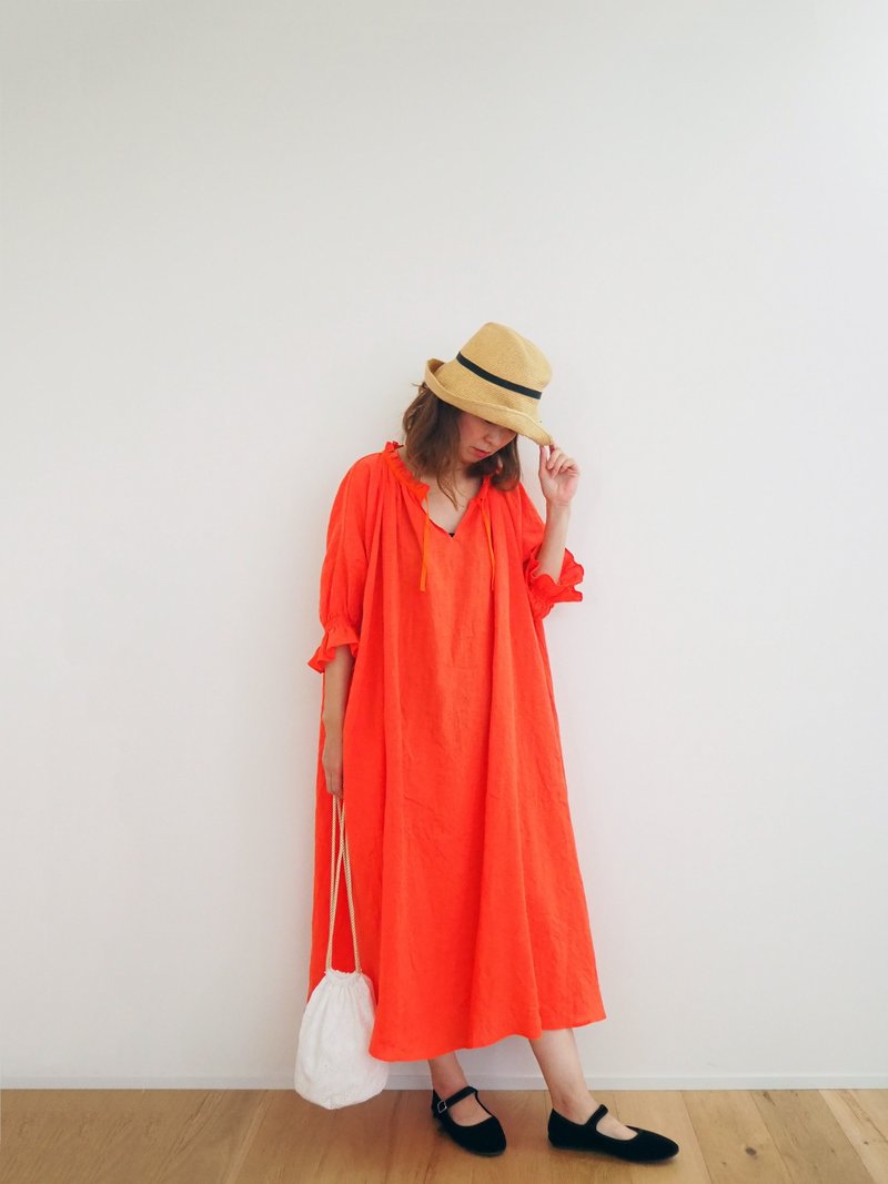 French linen canvas one-piece - 洋裝/連身裙 - 棉．麻 橘色