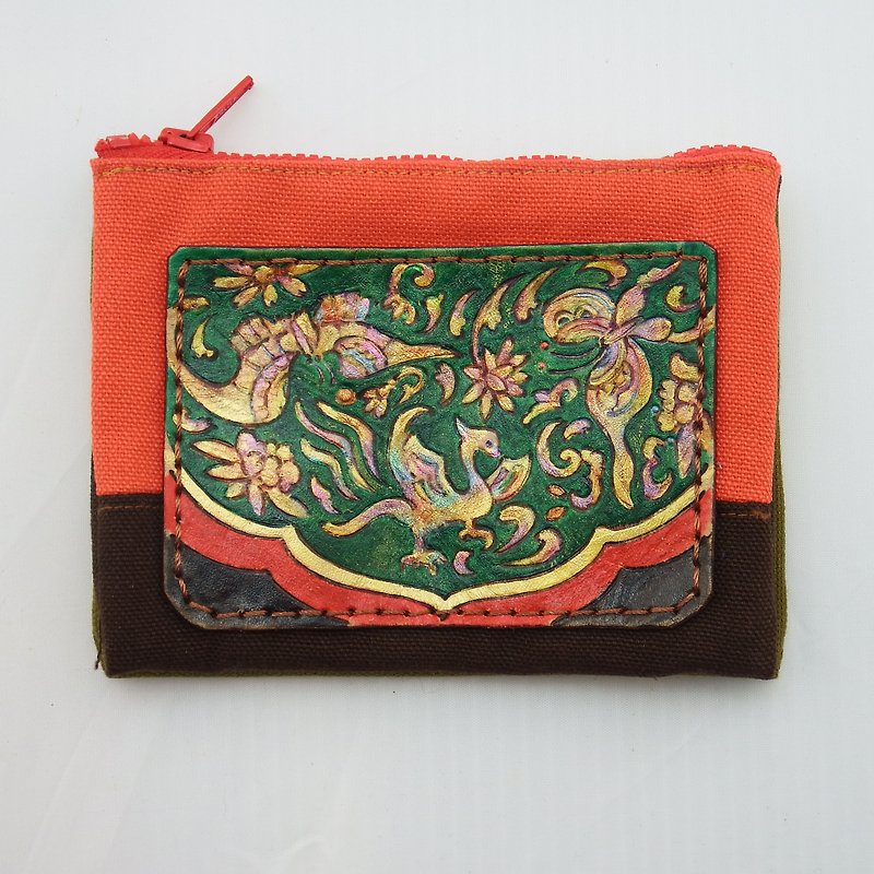 Vegetable tanned leather wine bag fabric multi-layer coin purse wishful - Coin Purses - Genuine Leather Green