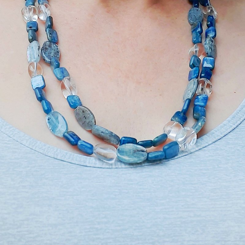Dark blue kyanite necklace, clear quartz, long necklace, handmade necklace. - Long Necklaces - Stone Blue