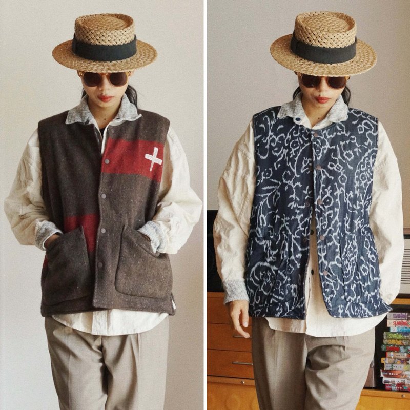 雙面穿羊毛毯改造款 冬季保暖馬甲 牛仔白色花紋印花 - 女大衣/外套 - 羊毛 咖啡色