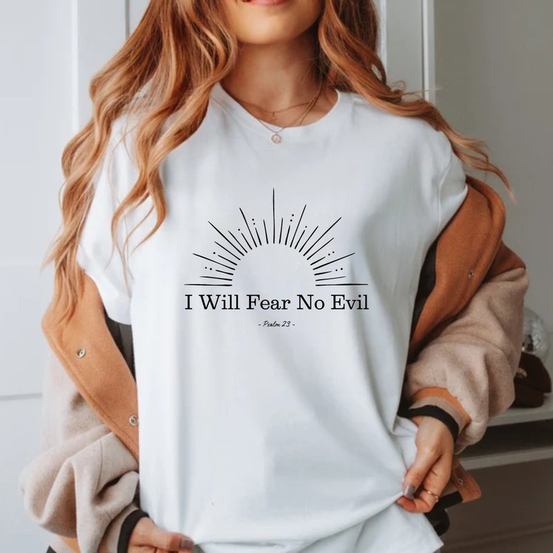 I Will Fear No Evil 詩篇 23 聖經金句 基督教 中性短袖上衣 - 女 T 恤 - 棉．麻 白色