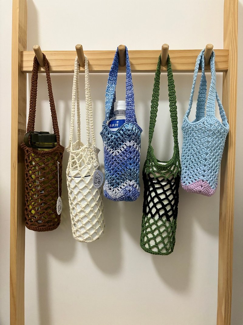 手作りかぎ針編みカップバッグ - ドリンクホルダー - コットン・麻 ブルー