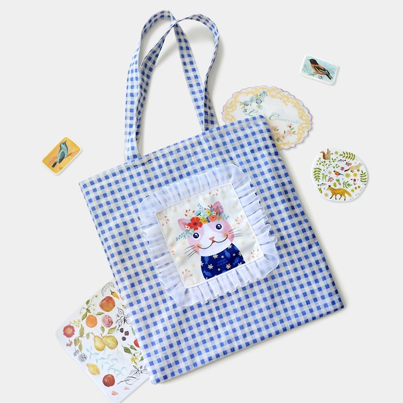 Sen Department of literary small cat retro plaid cotton Linen shoulder bag tote bag sweet lace girl - Messenger Bags & Sling Bags - Cotton & Hemp Blue