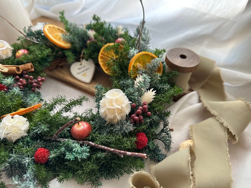 Permanent cedar wreath natural orange slice apple birch Christmas card with carrying box - Dried Flowers & Bouquets - Plants & Flowers Green