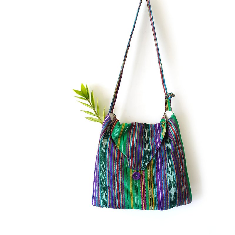 BajuTua / vintage / South American style color green hand-woven striped tribal envelope bag / shoulder bag - กระเป๋าแมสเซนเจอร์ - ผ้าฝ้าย/ผ้าลินิน สีเขียว