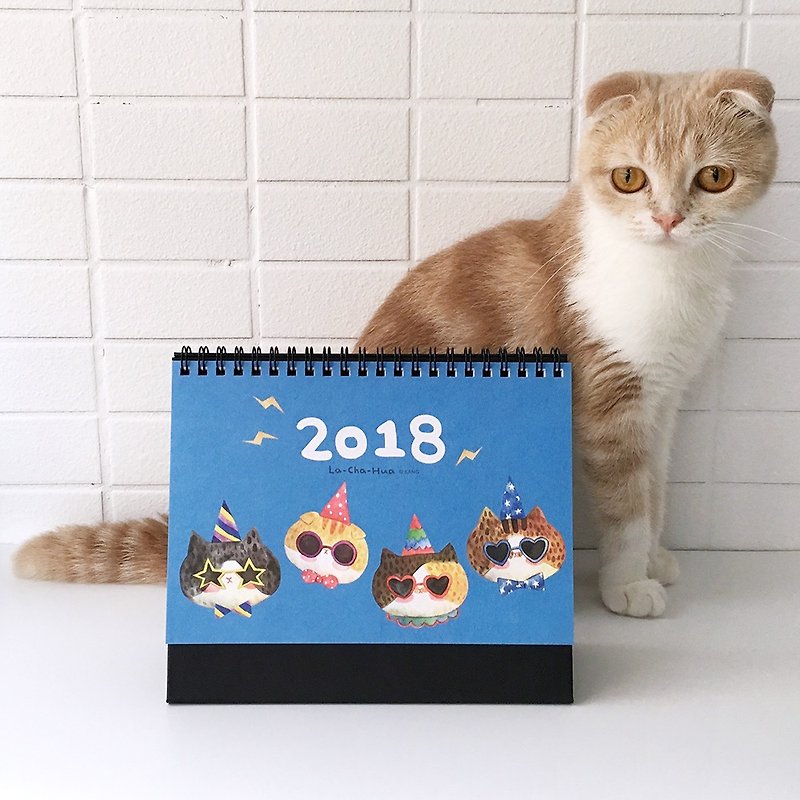 2018 pull check flower cat illustration desk calendar - ปฏิทิน - กระดาษ สีน้ำเงิน