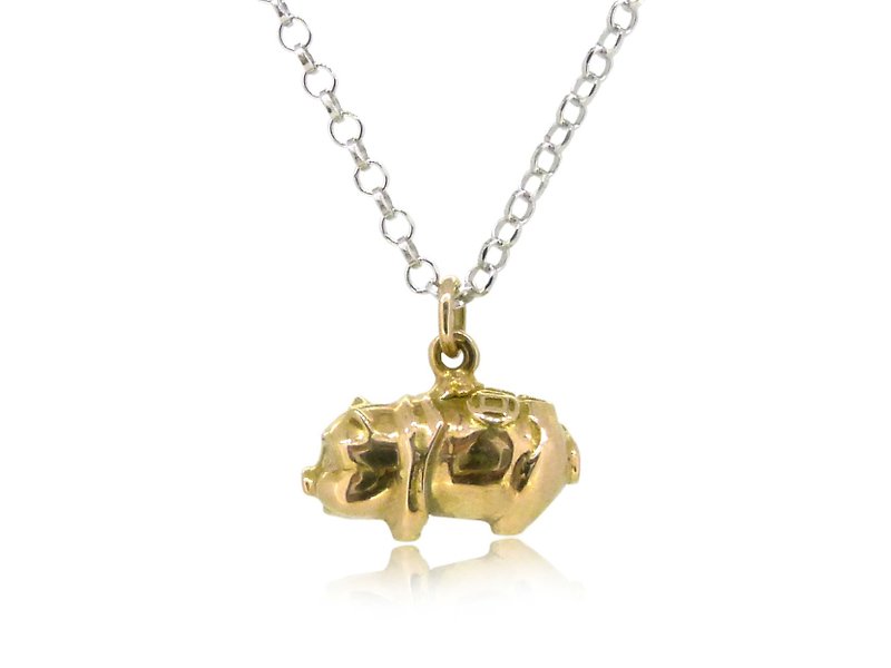 18K Gold Piggy Bank Shaped Pendant (length 13mm)  w/ 18 inces Silver Necklace - Chokers - Precious Metals Multicolor