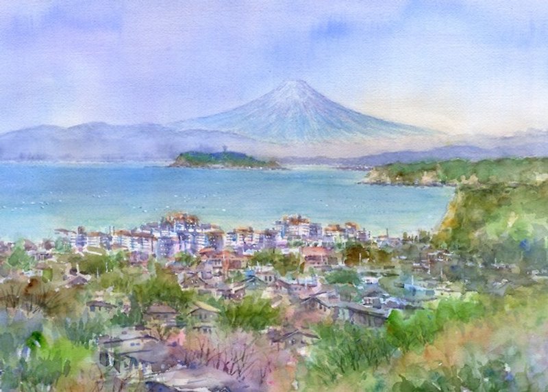 Watercolor painting Mt. Fuji and Enoshima 2 - Posters - Paper Blue