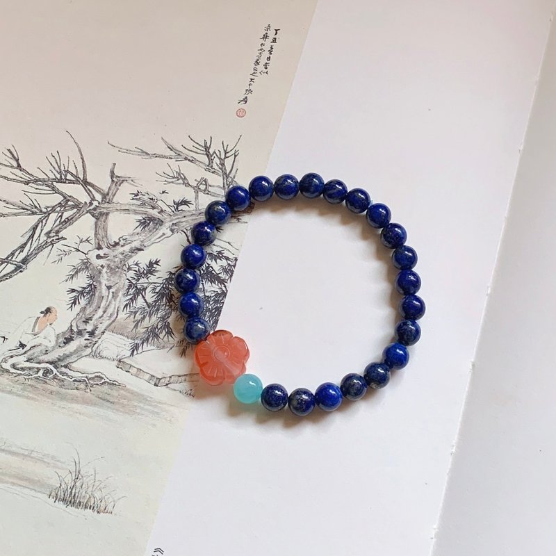 水挼藍。天然青金石 天河石 南紅瑪瑙雕刻花手鏈 古典好運平安 - 手鍊/手環 - 水晶 藍色