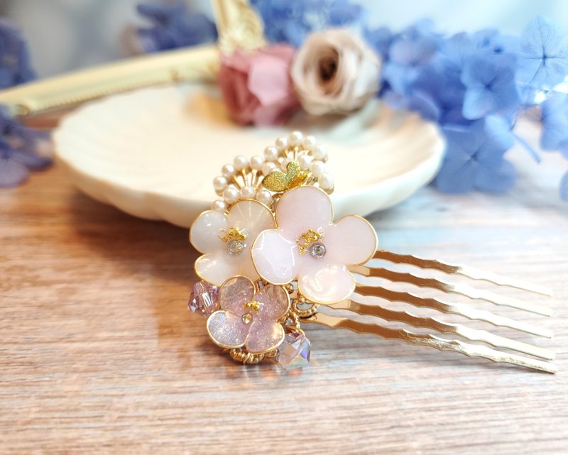 日式古風造花液樹脂髮梳 粉紅小花 - 髮夾/髮圈 - 樹脂 粉紅色