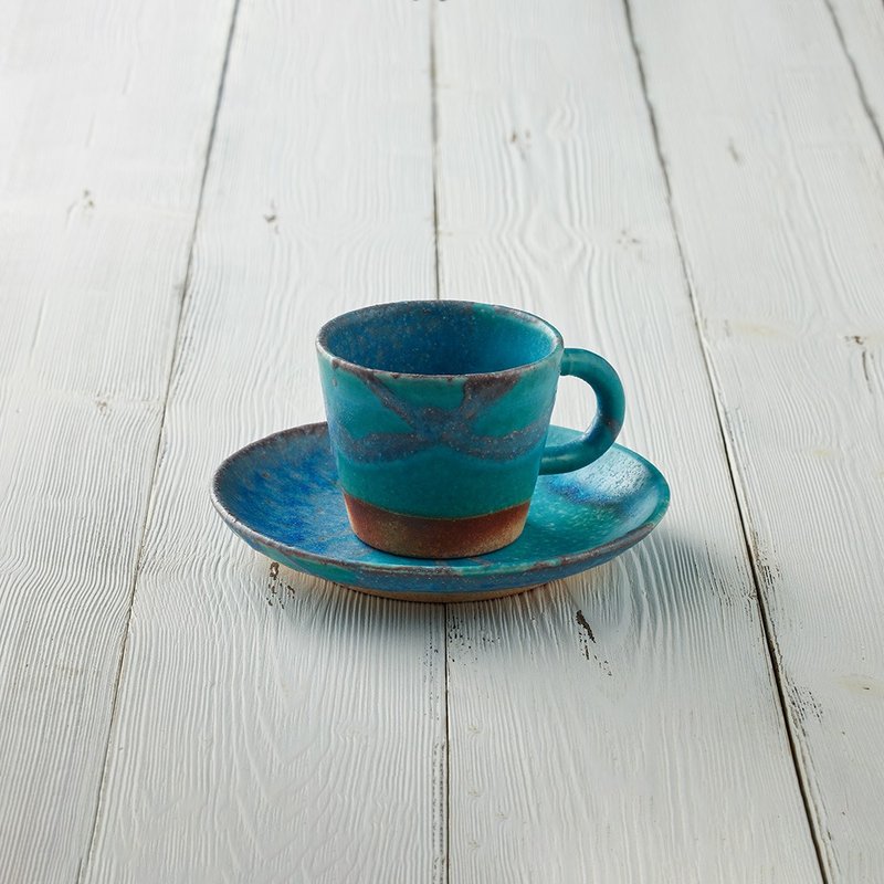 Handmade by Japanese craftsman series-Dew grass blue coffee cup and saucer set (2 pieces)-160ml - Cups - Pottery Blue