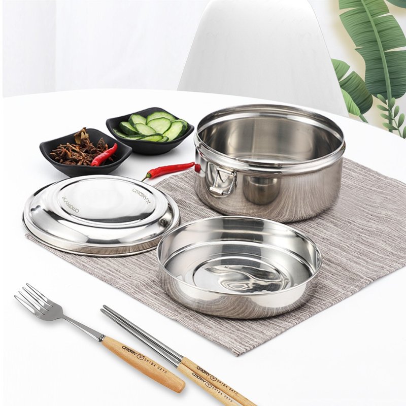 【OMORY】#304 Stainless Steel double-layer round lunch box -14cm - Lunch Boxes - Stainless Steel Silver