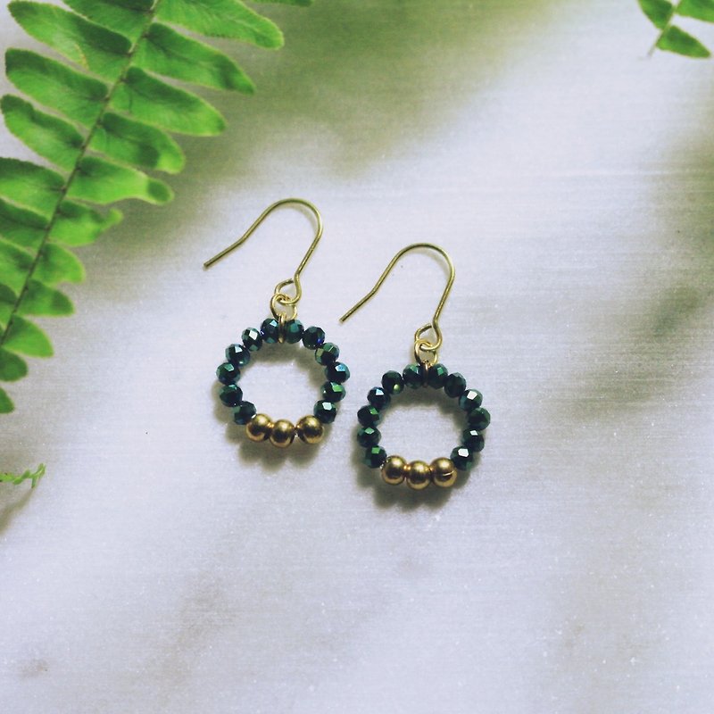 // Bobo glass crystal brass earrings dark green // ve076 - Earrings & Clip-ons - Glass Green