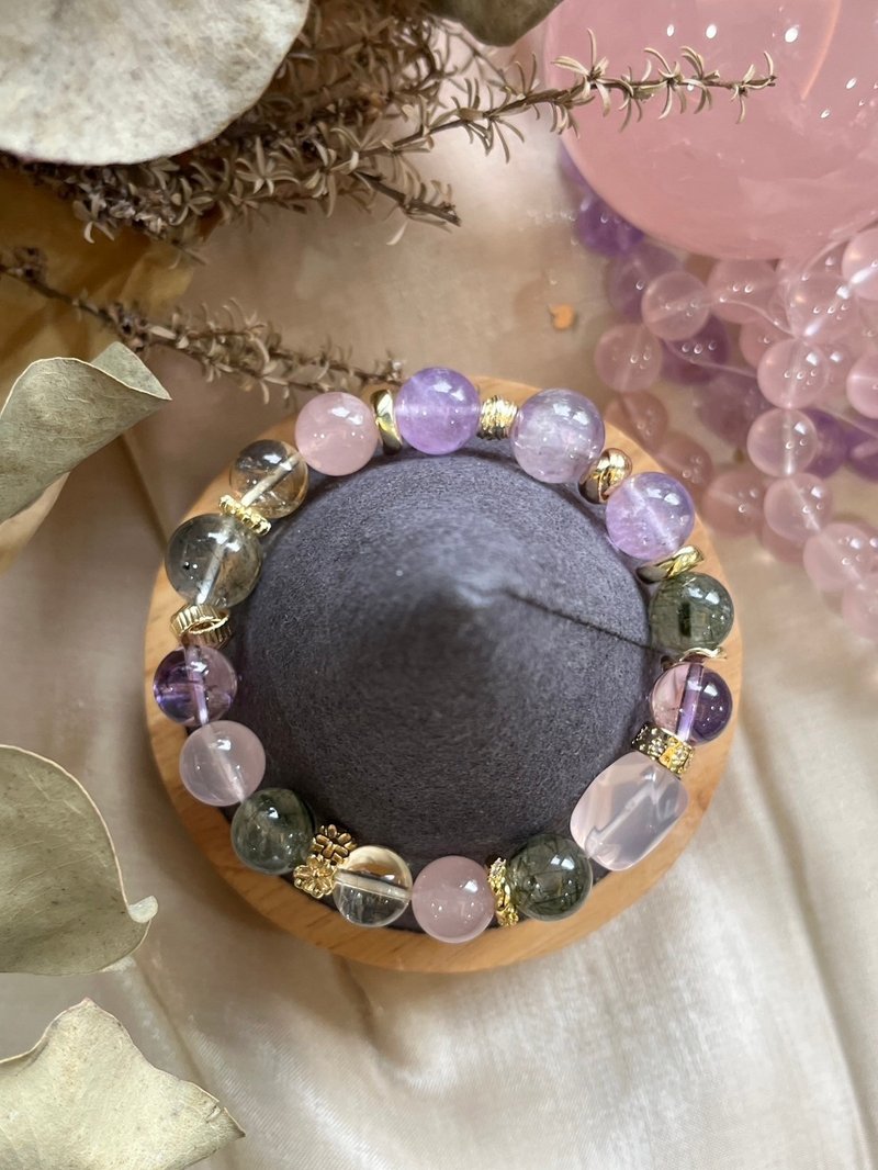 Customized crystal mineral bracelet lavender amethyst rose quartz citrine green hair quartz - สร้อยข้อมือ - คริสตัล 