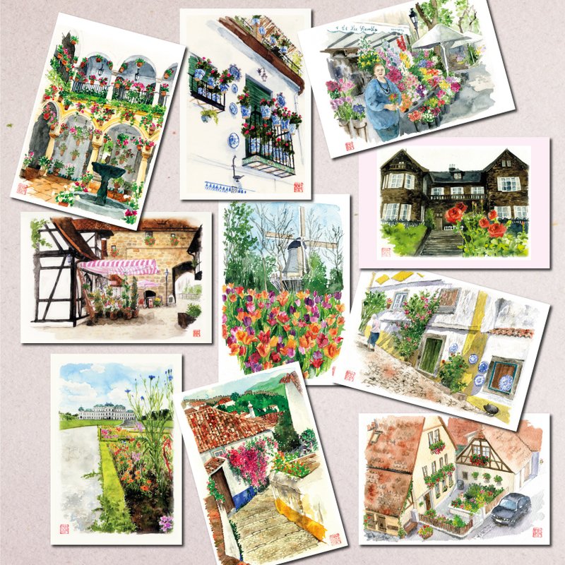 Set of 10 watercolor postcards/ Flower lover scenery A - การ์ด/โปสการ์ด - กระดาษ 