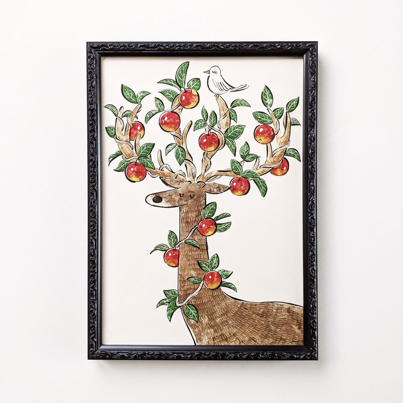 A4 Stag and Apple Art print - โปสเตอร์ - กระดาษ สีแดง