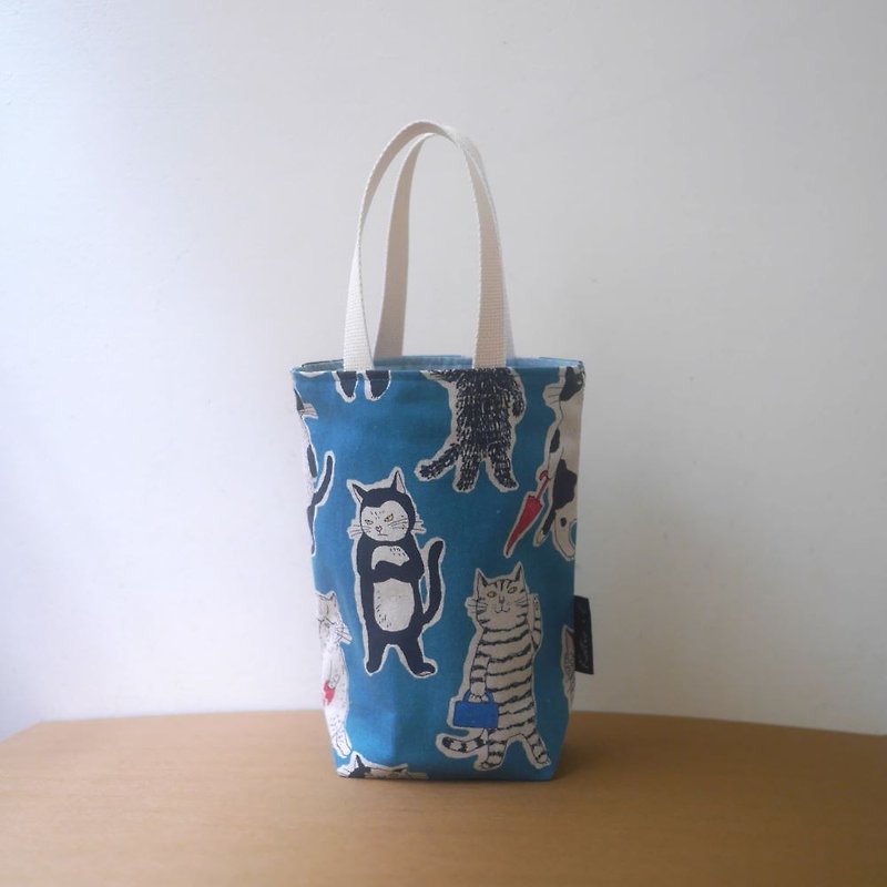 Environmental drink bag/breakfast bag/small bag/walking bag=Japanese cotton cloth=meow star person= Teal - ถุงใส่กระติกนำ้ - ผ้าฝ้าย/ผ้าลินิน 