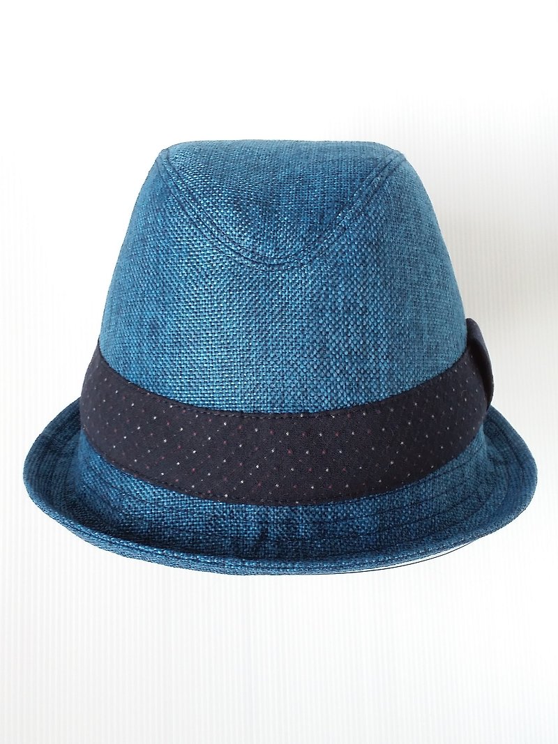 Navy blue cotton gentleman hat (Fedora Hat) - หมวก - ผ้าฝ้าย/ผ้าลินิน สีน้ำเงิน
