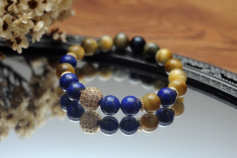 Zhengshengli Unisex Crystal Bracelet || Yellow Stone Lapis Lazuli Blue Stone - ของวางตกแต่ง - เครื่องประดับพลอย 