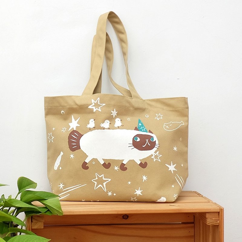 Fishcat tote bag - Luna - กระเป๋าแมสเซนเจอร์ - ผ้าฝ้าย/ผ้าลินิน สีกากี