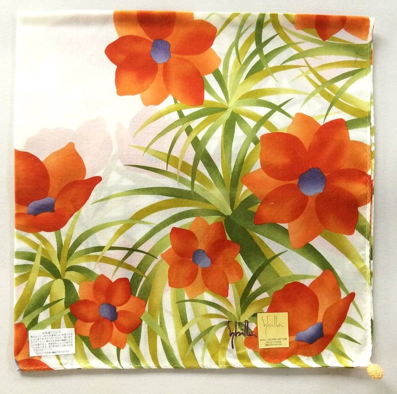 Sybilla Vintage Scarf Floral Bloom 23 x 22.5 inches - 絲巾 - 棉．麻 橘色