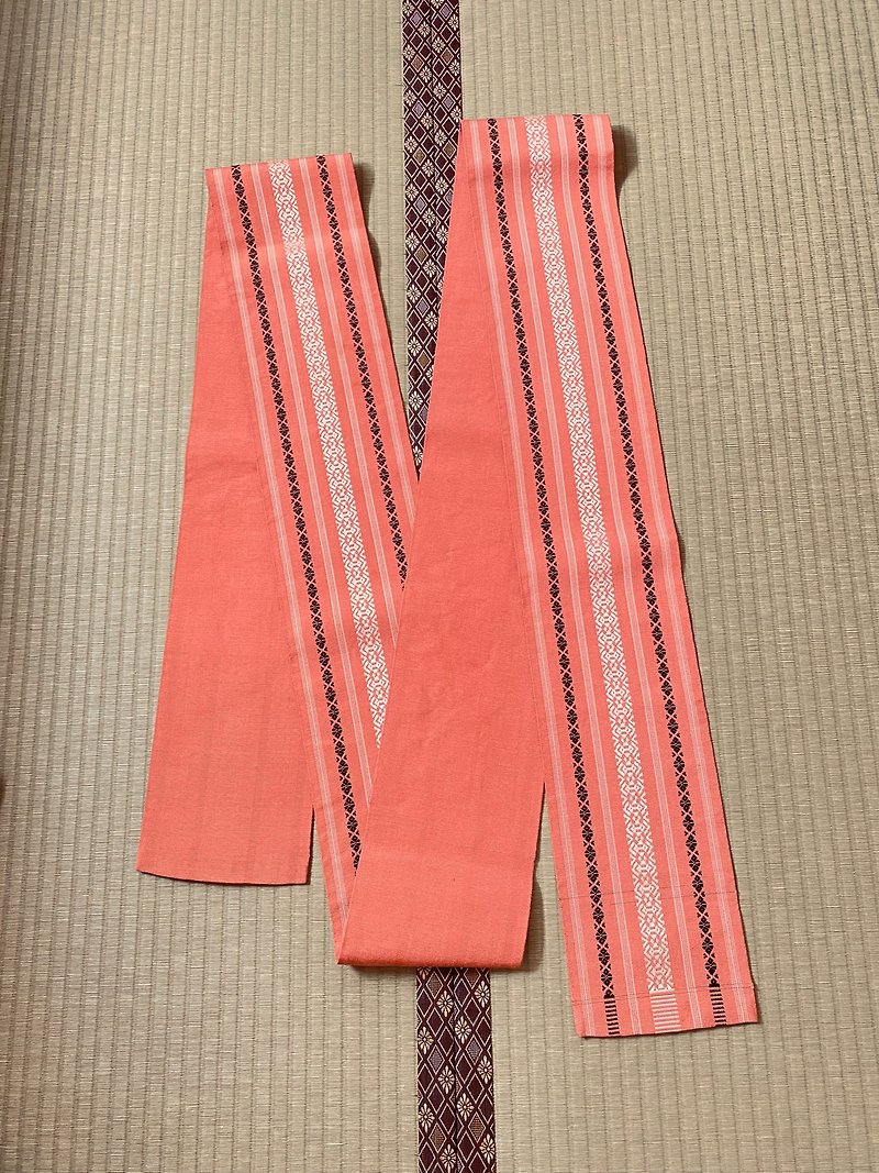 粉底白黑紋博多織中古半幅帶 - 皮帶/腰帶 - 棉．麻 粉紅色