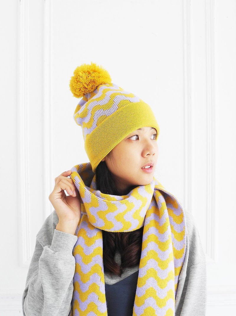 studio chiia 針織毛帽- 波浪織紋 - 黃 - 帽子 - 聚酯纖維 黃色