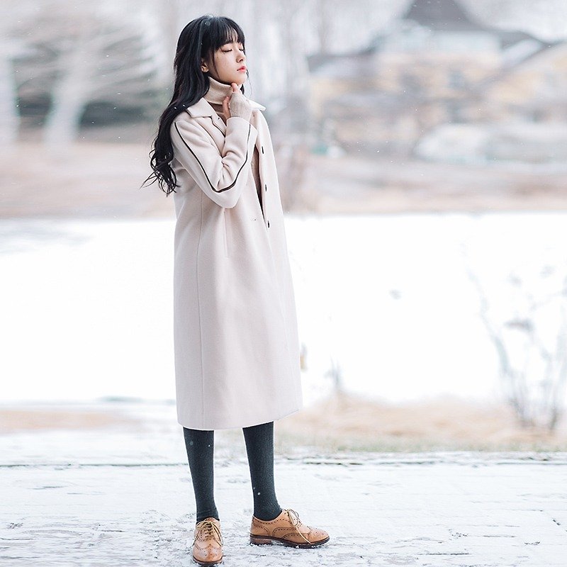 安妮陳2017冬裝新款女裝袖子織帶長款呢外套 - 外套/大衣 - 聚酯纖維 白色