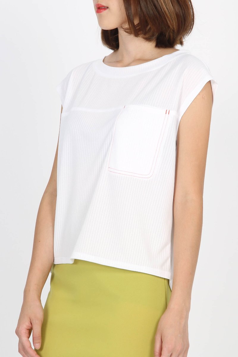 Wide Collar Jumping Color Pocket Suction Row Shirt-White - เสื้อยืดผู้หญิง - เส้นใยสังเคราะห์ ขาว