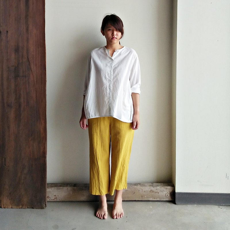 Spot size is too small, elastic, straight, eight pants, washed cotton yellow - กางเกงขายาว - ผ้าฝ้าย/ผ้าลินิน สีเหลือง