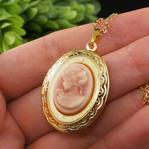 Pink Lady Girl Cameo Locket Oval Golden Photo Locket Pendant Necklace Jewelry Shop AGATIX