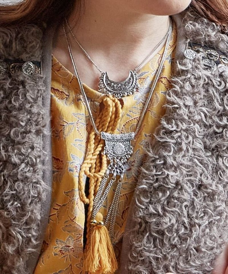 [Popular Pre-order] Nomadic double-layered silver lace gorgeous, melodious and vivid large necklace INSZ4304 - Long Necklaces - Other Materials 