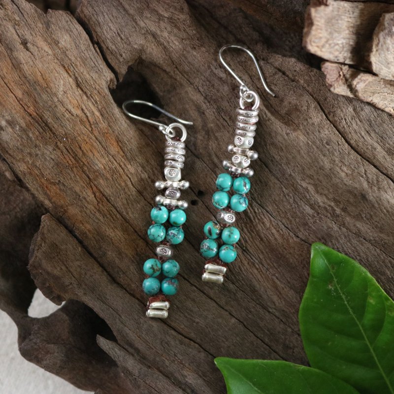 Ethnic Style Handmade Genuine Hubei Turquoise Earrings with Karen Silver - Earrings & Clip-ons - Sterling Silver Blue