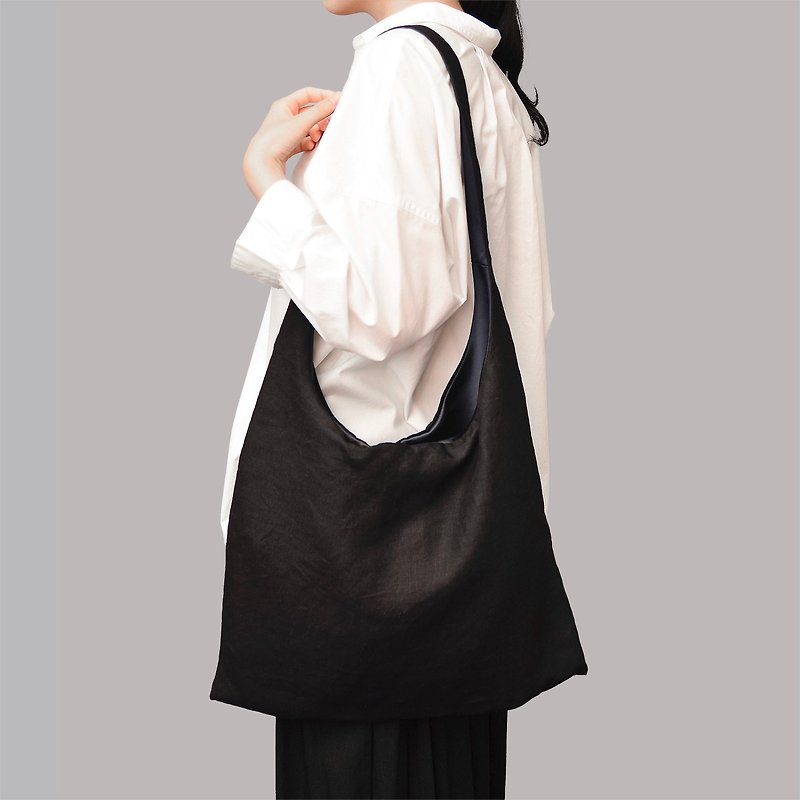 Linen shoulder /  Black & Dark blue - Messenger Bags & Sling Bags - Cotton & Hemp Black