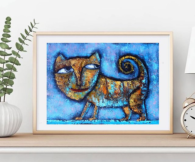 抽象猫絵画油絵具オリジナルアート動物アートワークインパスト 