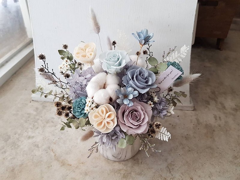 永生花+乾燥花|藍灰色永生玫瑰盆花|萬用祝賀花禮|全台宅配 - 乾燥花/永生花 - 植物．花 藍色