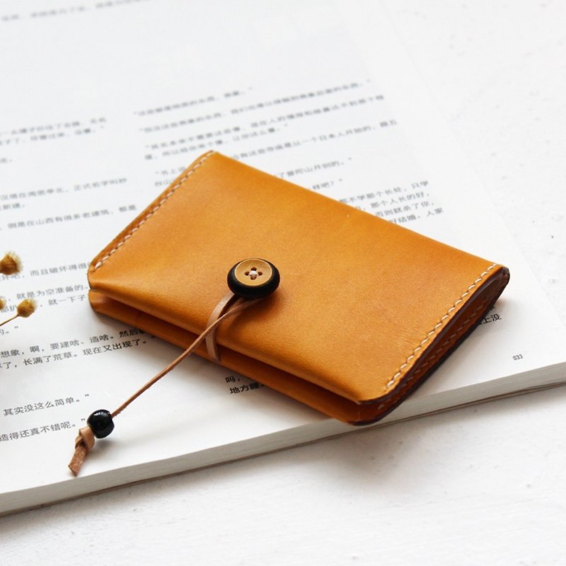 Yellow tea top layer cowhide handmade leather business card package card package card package button credit card package customization - Card Holders & Cases - Genuine Leather Yellow