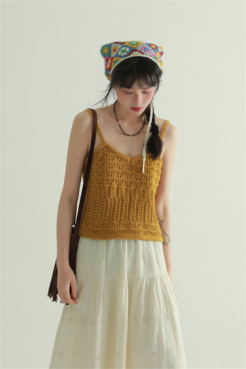 Apricot/pink/blue/yellow Korean style hollow knitted small camisole layered inner wear casual versatile vest top one size fits all - เสื้อกั๊กผู้หญิง - ผ้าฝ้าย/ผ้าลินิน สีเหลือง