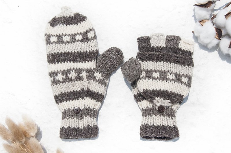 Hand-knitted pure wool knit gloves / detachable gloves / inner bristled gloves / warm gloves - coffee vanilla - Gloves & Mittens - Wool Brown