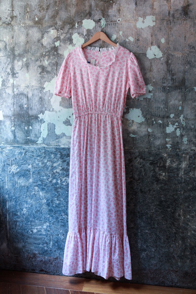 Niao Niao Department Store-Vintage American Pink Flower Ruffled Collar Dress - ชุดเดรส - ผ้าฝ้าย/ผ้าลินิน 