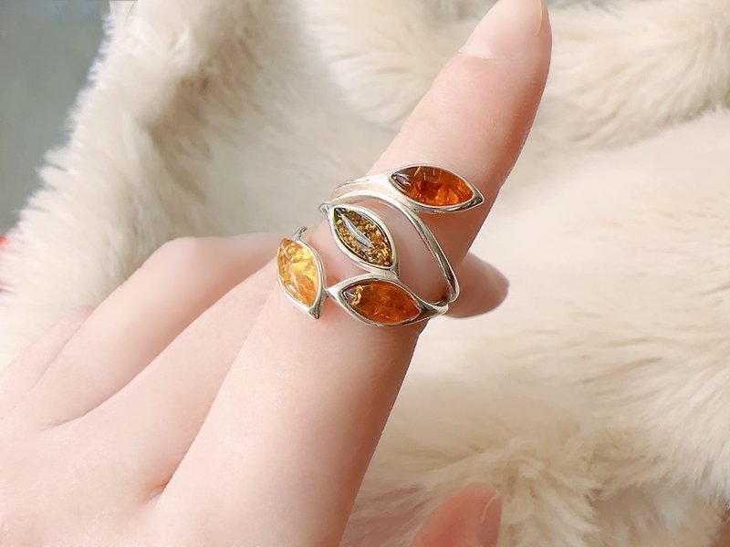 Baltic amber green amber gold amber caramel amber charming amber flower sterling silver ring texture art - แหวนทั่วไป - เงินแท้ 